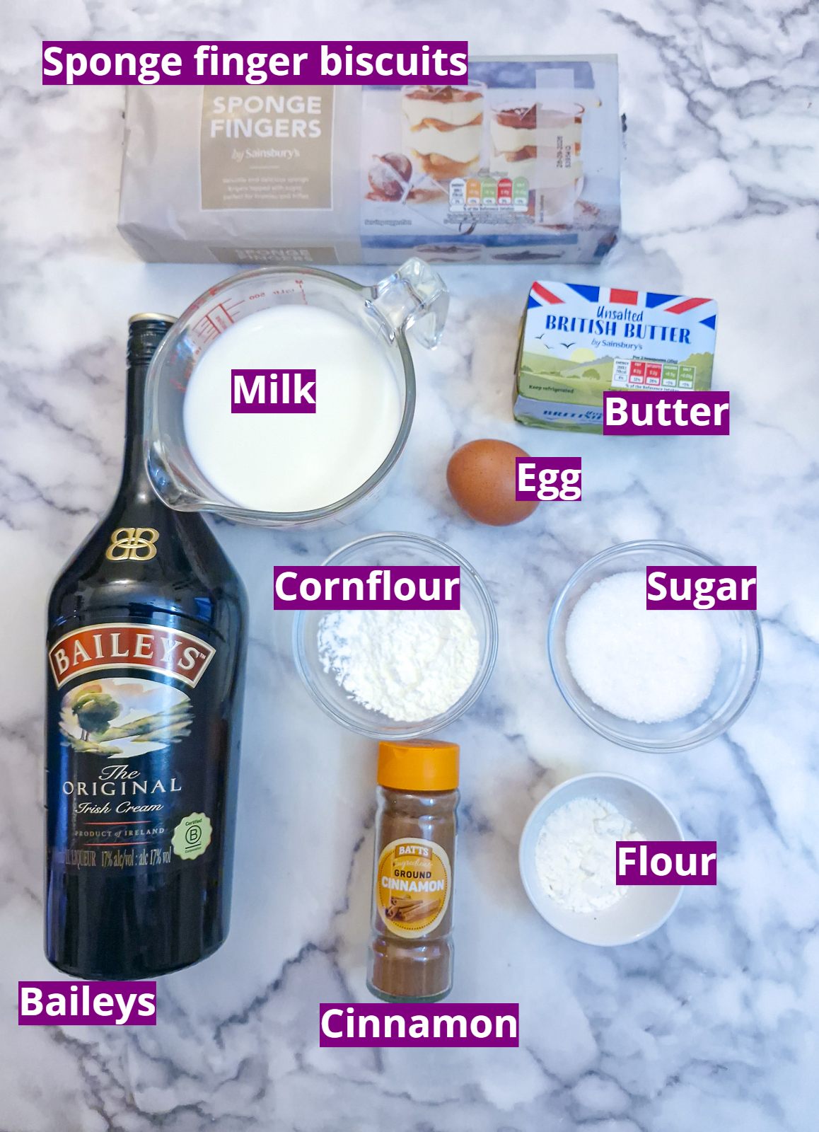 Ingredients you will need to make a Baileys milk tart tiramisu.