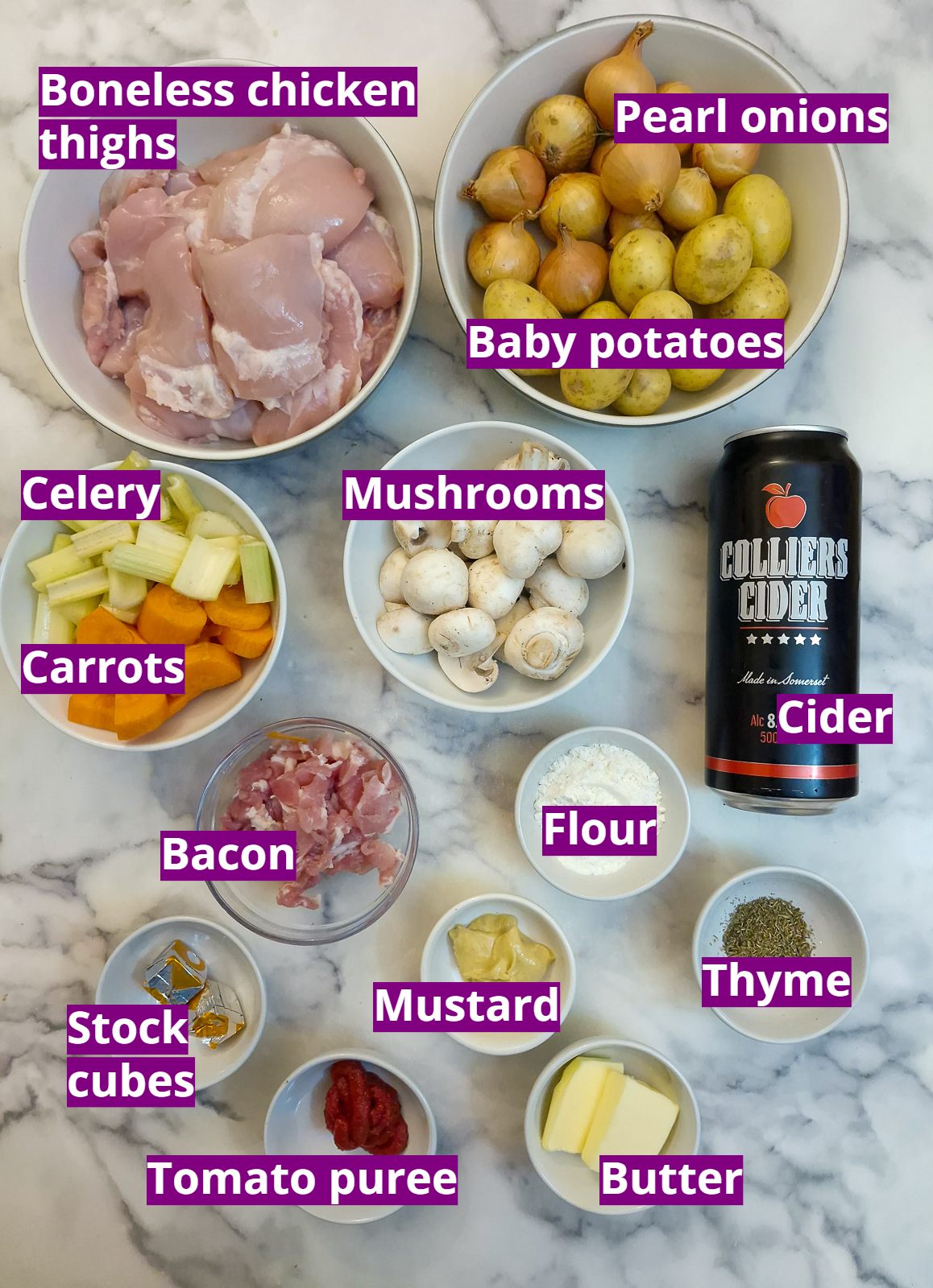 Ingredients for making a Somerset cider chicken casserole.