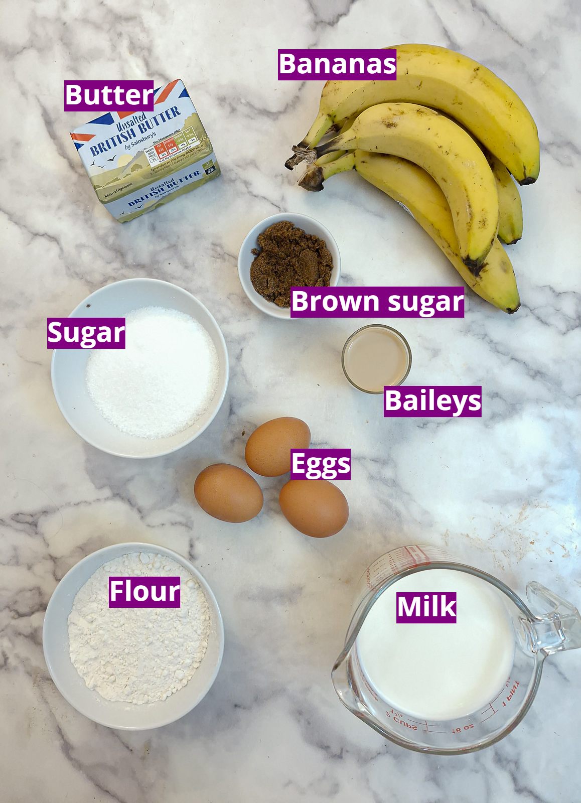 Ingredients needed for a caramelisd banana magic cake.