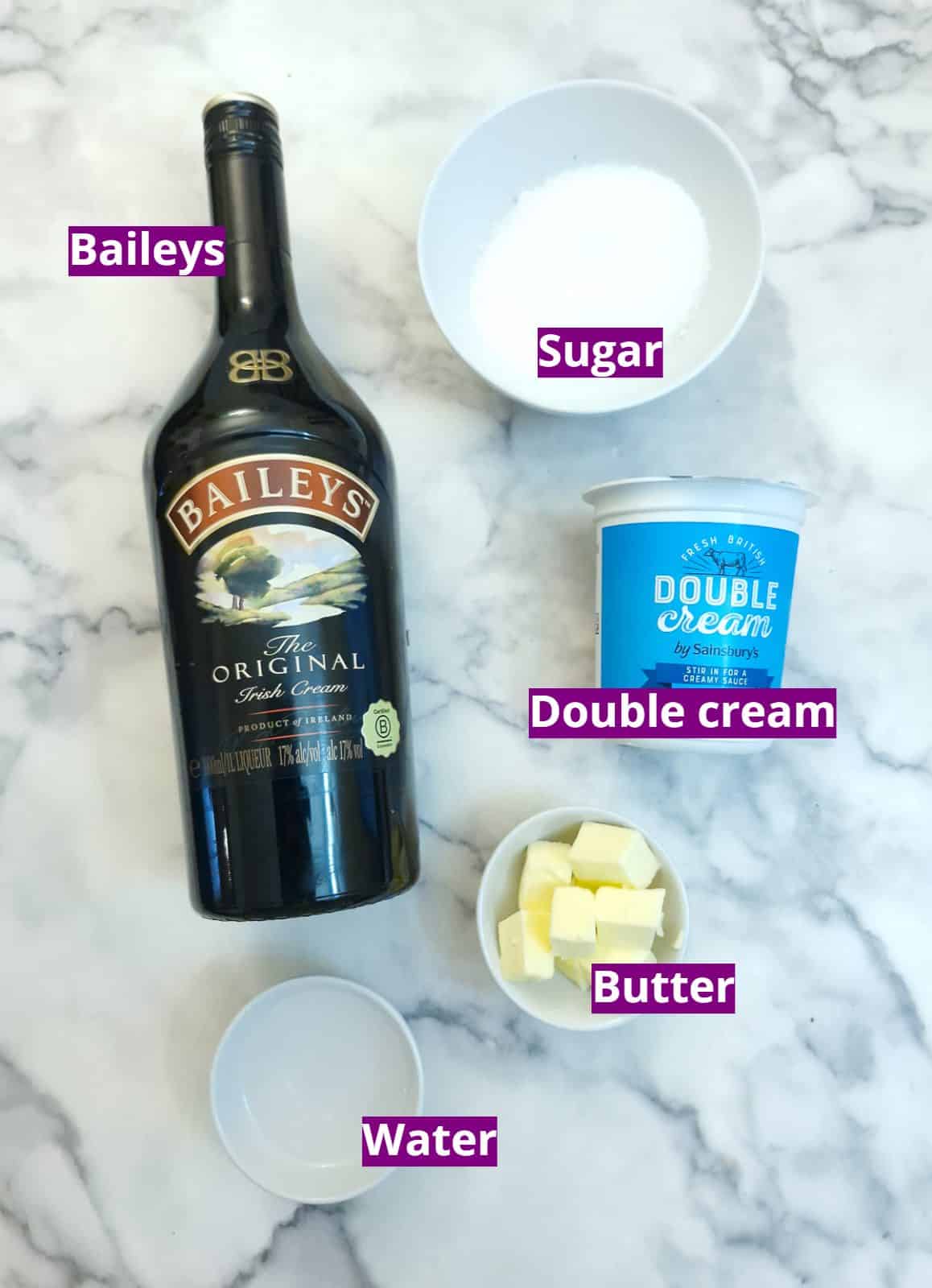 Ingredients needed to make Baileys caramel sauce.