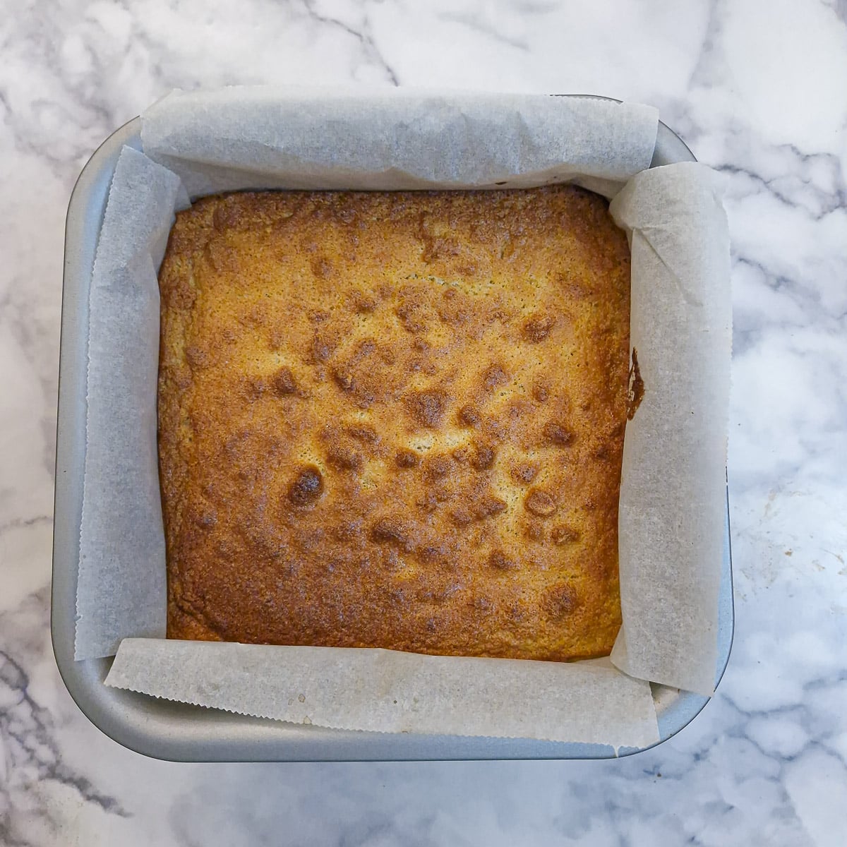 The fully baked caramelised banana magic cake.