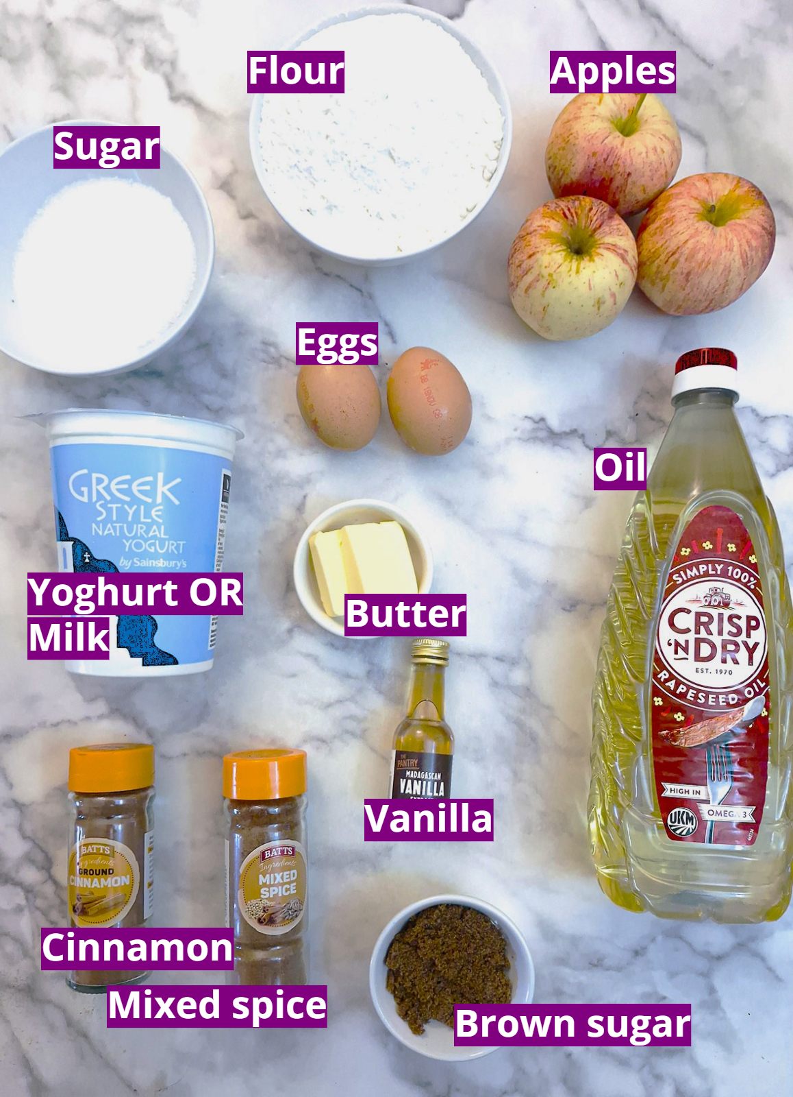 Ingredients needed to make a frying pan apple cake.