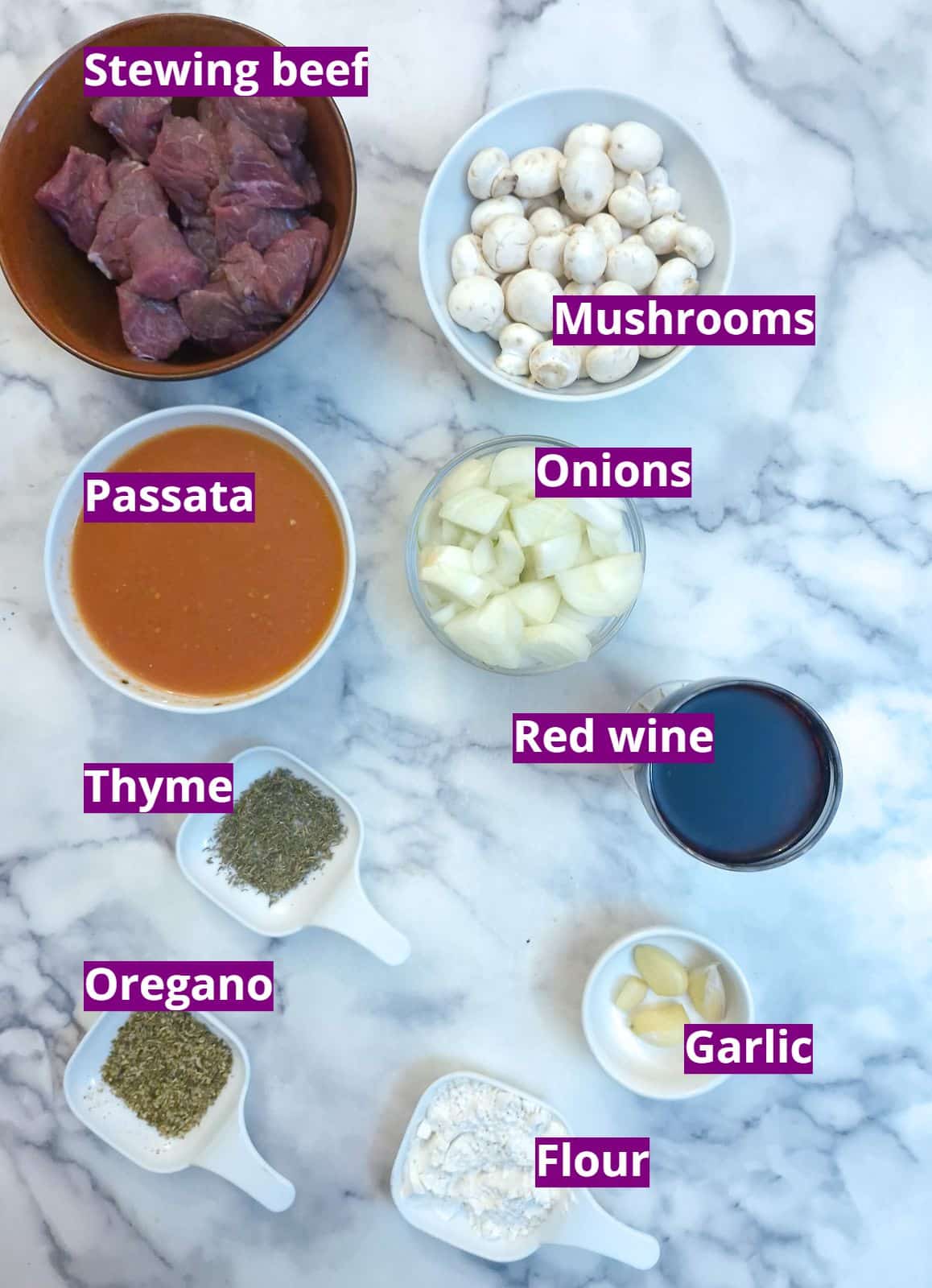 Ingredientts needed for beef and mushroom stew.