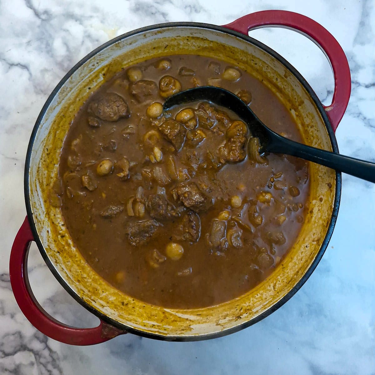 Step 5 - beef and mushroom stew after beng simmered for 2 hours.