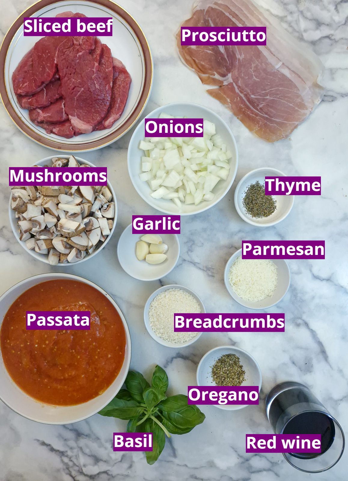 These are the ingredients you will need for making mushroom-stuffed beef olives.