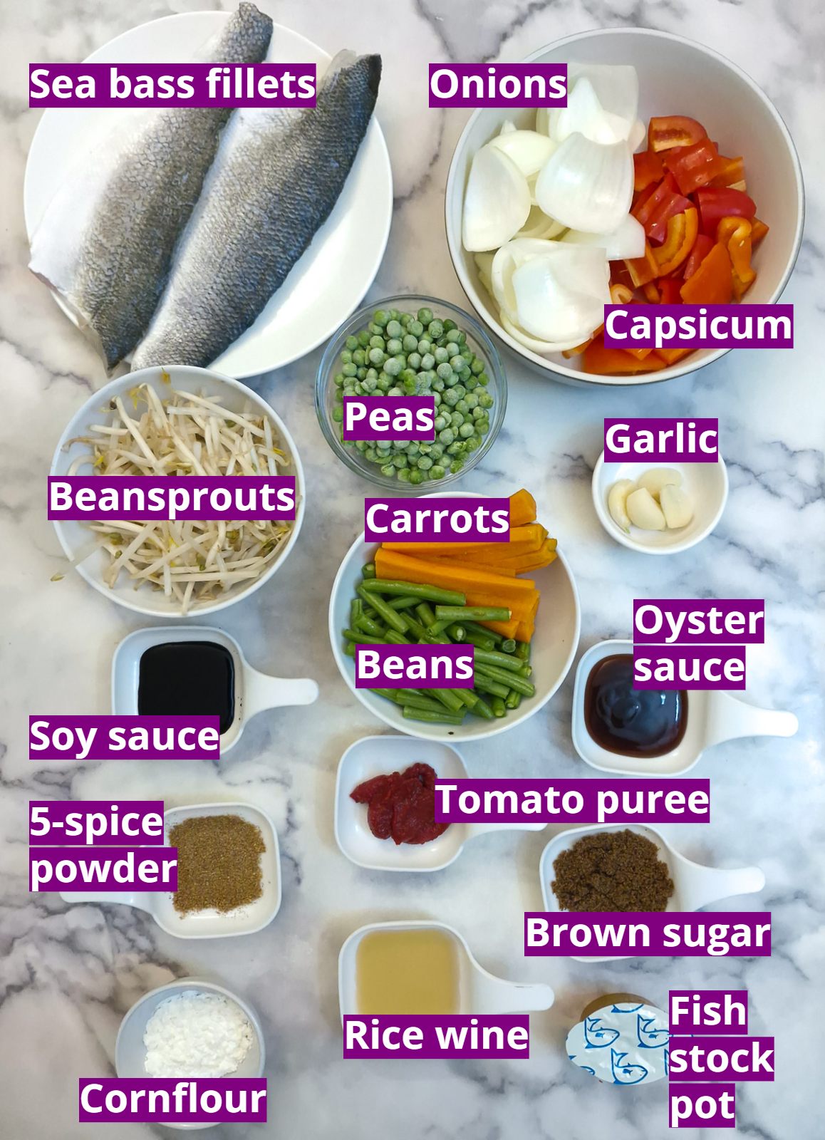 I(ngredients needed to make pan-fried sea bass in garlic sauce.