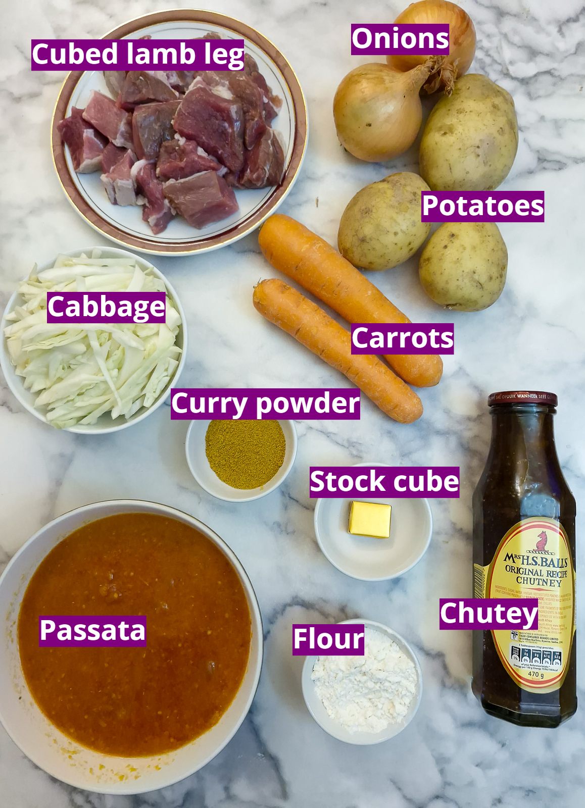 Ingredients needed to make a slow cooker lamb curry.