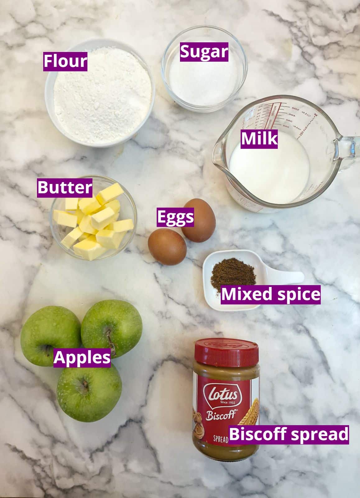 Ingredients for Biscoff apple pudding cake.