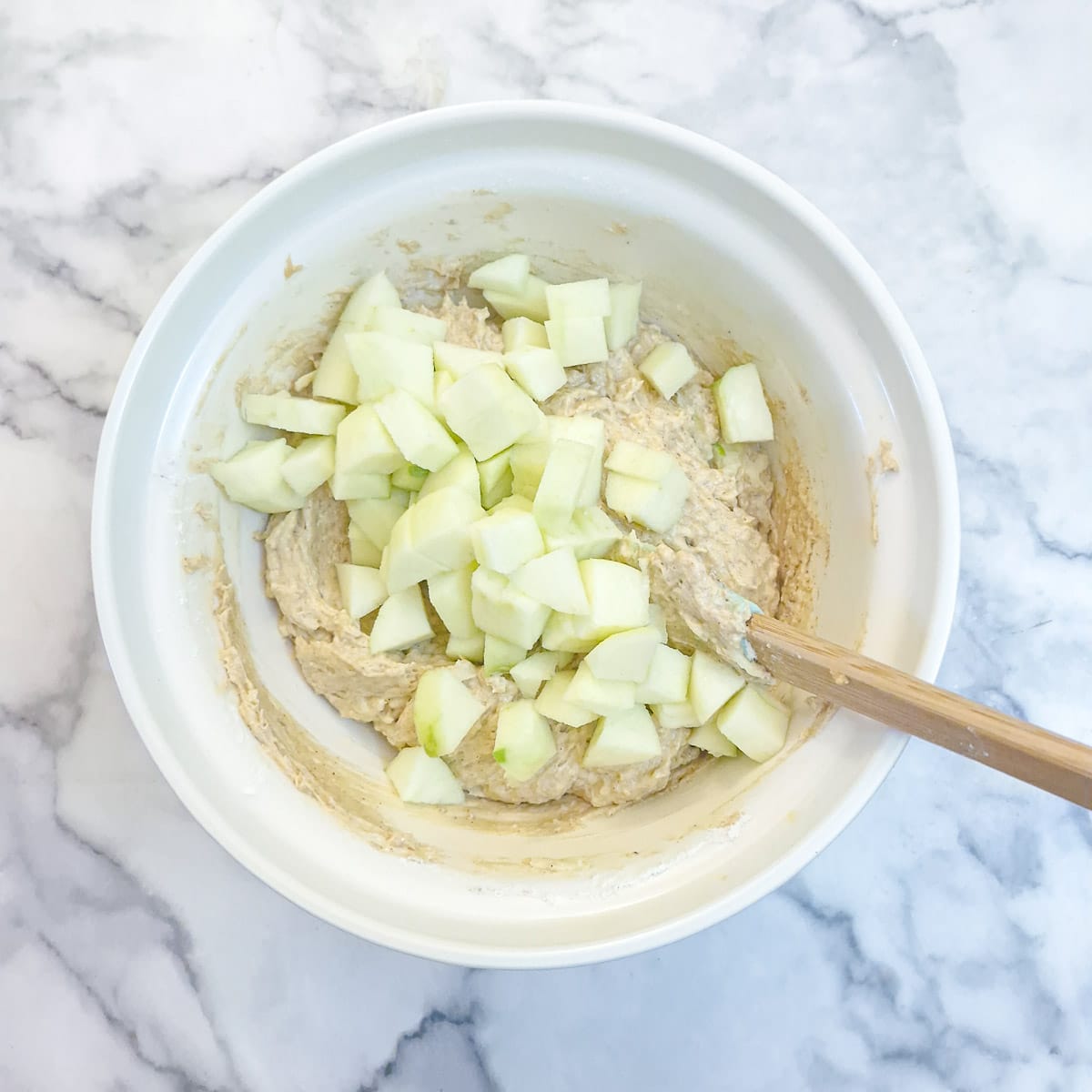Step 5 - diced apples folded in to the batter.