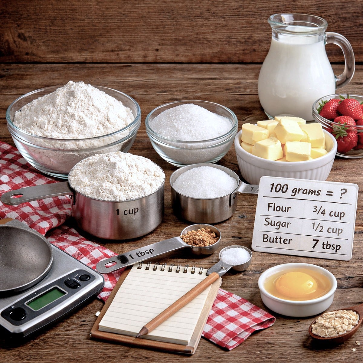 Baking ingredients in dishes on a table.  There is a kitchen scale and a few measuring spoons alongside.