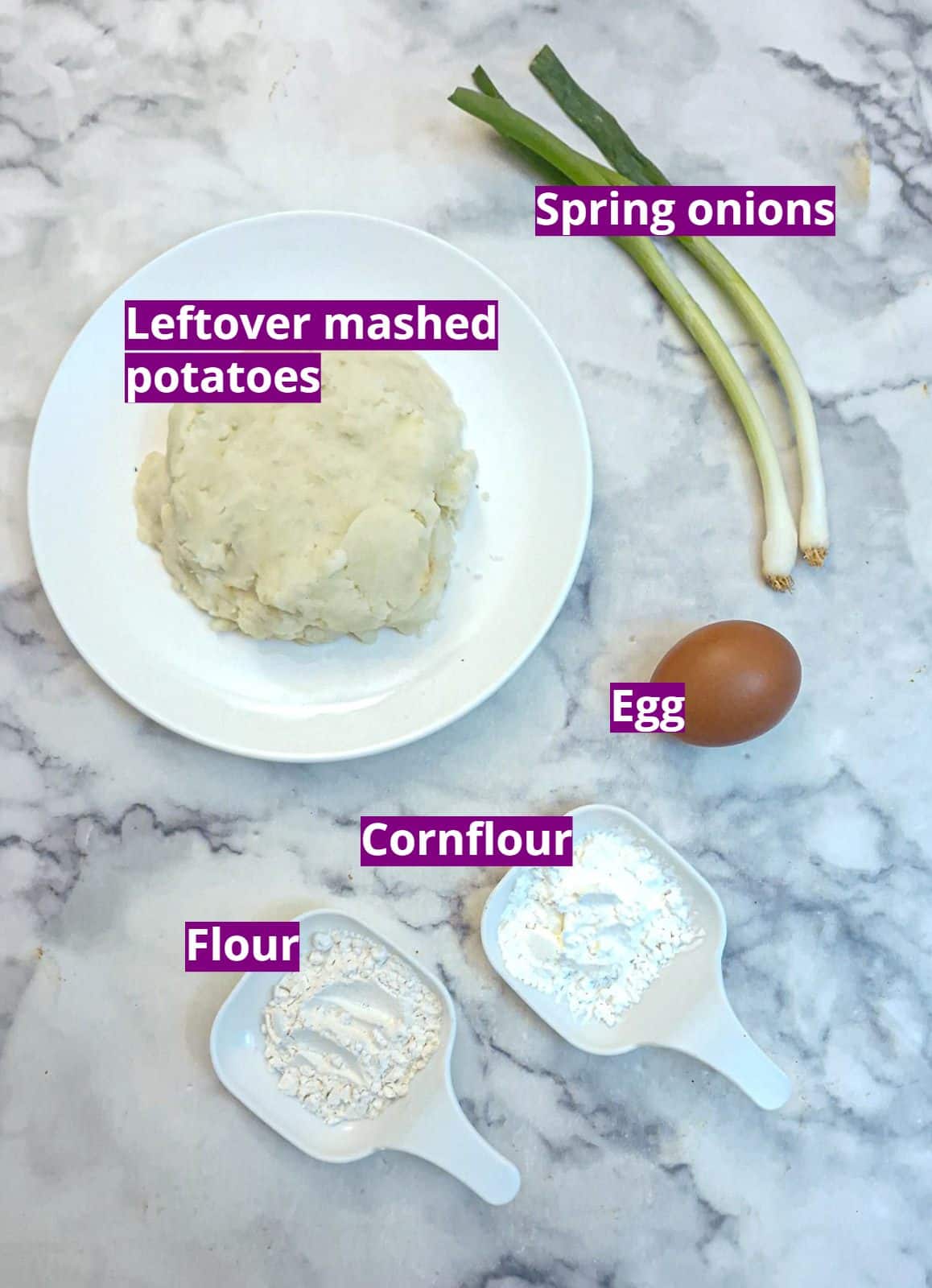 Ingredients you will need to make these leftover mashed potato cakes.