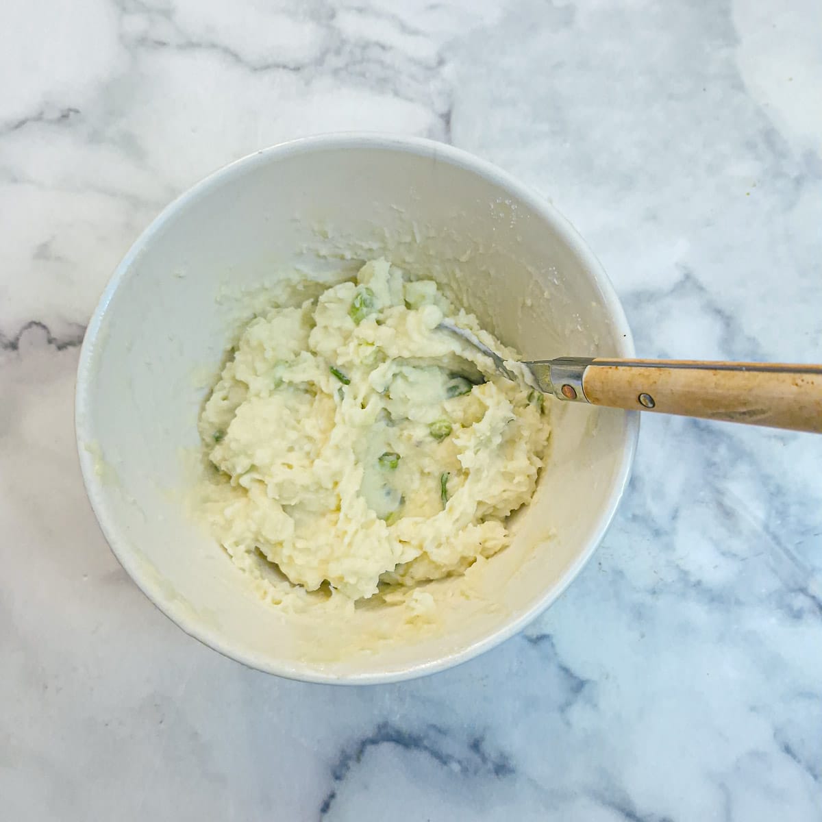 Step 2 - potato cake ingredients combined to a soft, sticky batter.