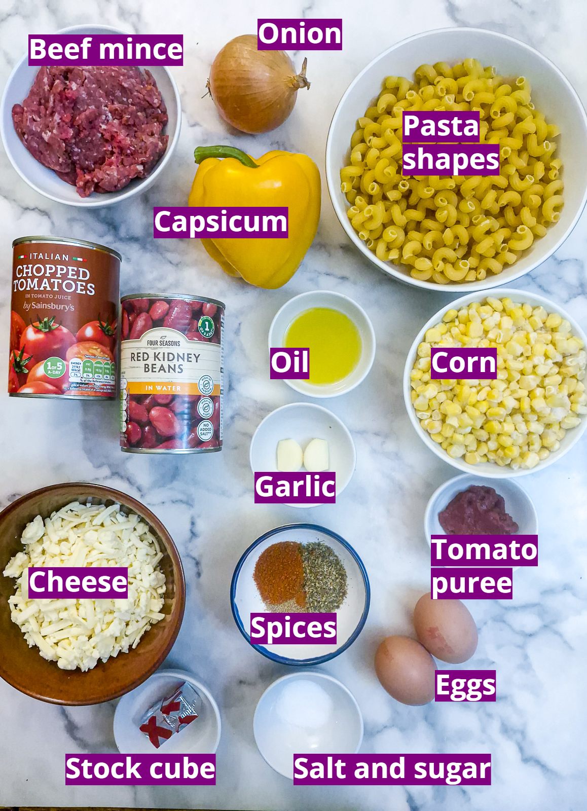 Ingredients you will need in order to make this chilli con carne pasta bake.