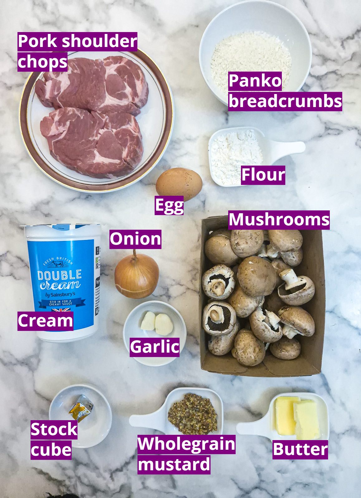Ingredients needed to make breaded pork chops with mushroom mustard sauce.