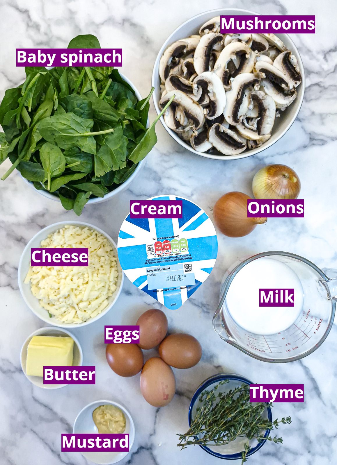 Ingredients you will need to make the crustless mushroom, cheese and spinach quiche.