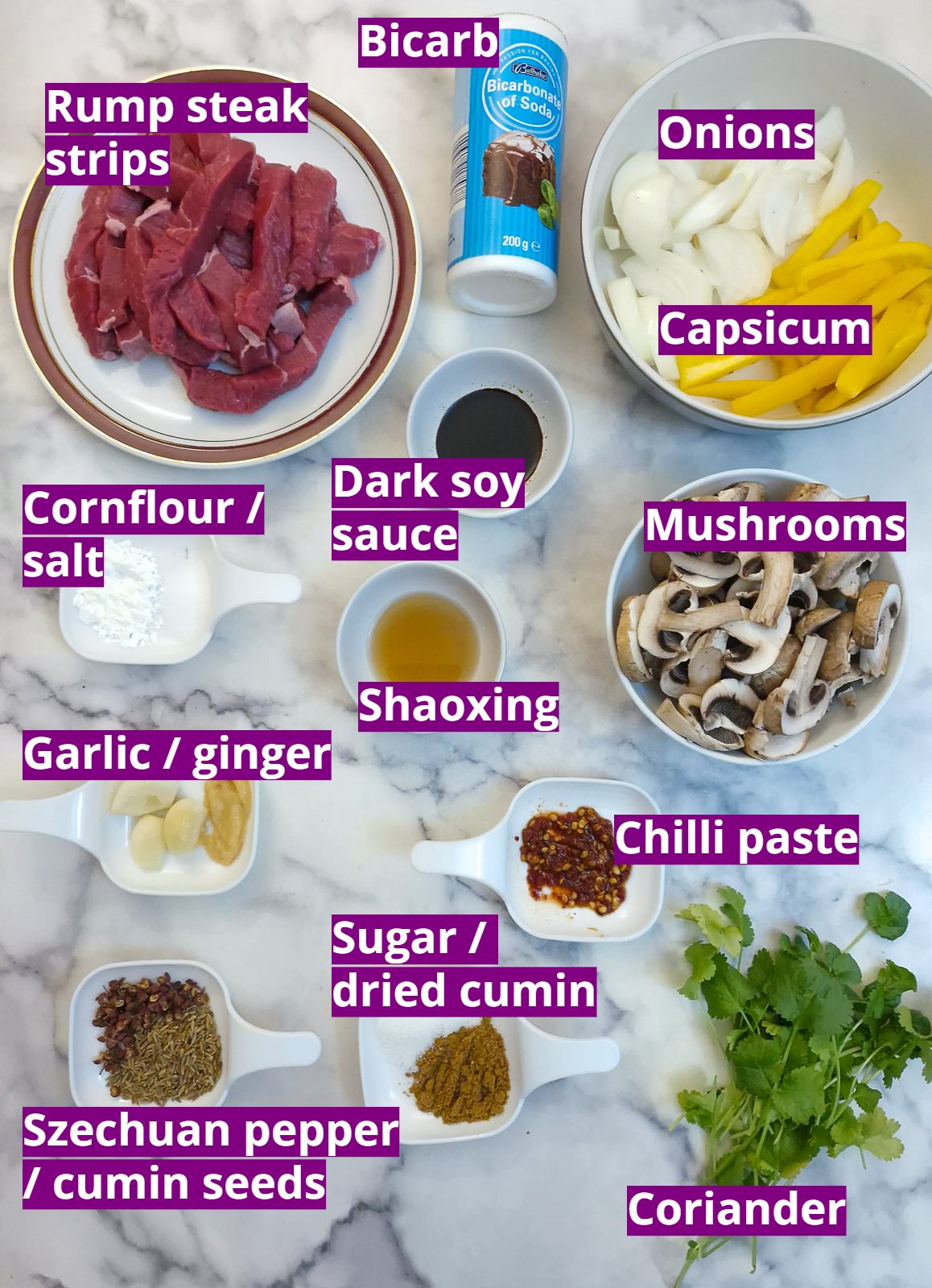 Ingredients you will need to make cumin beef stir-fry.