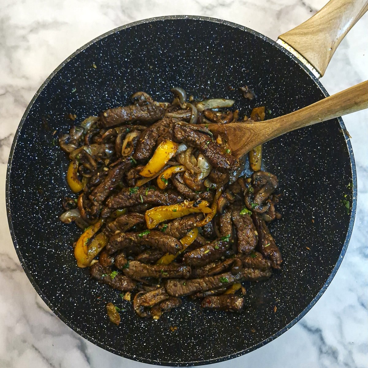 The final step - spices added and stirred through the meat and vegetables.