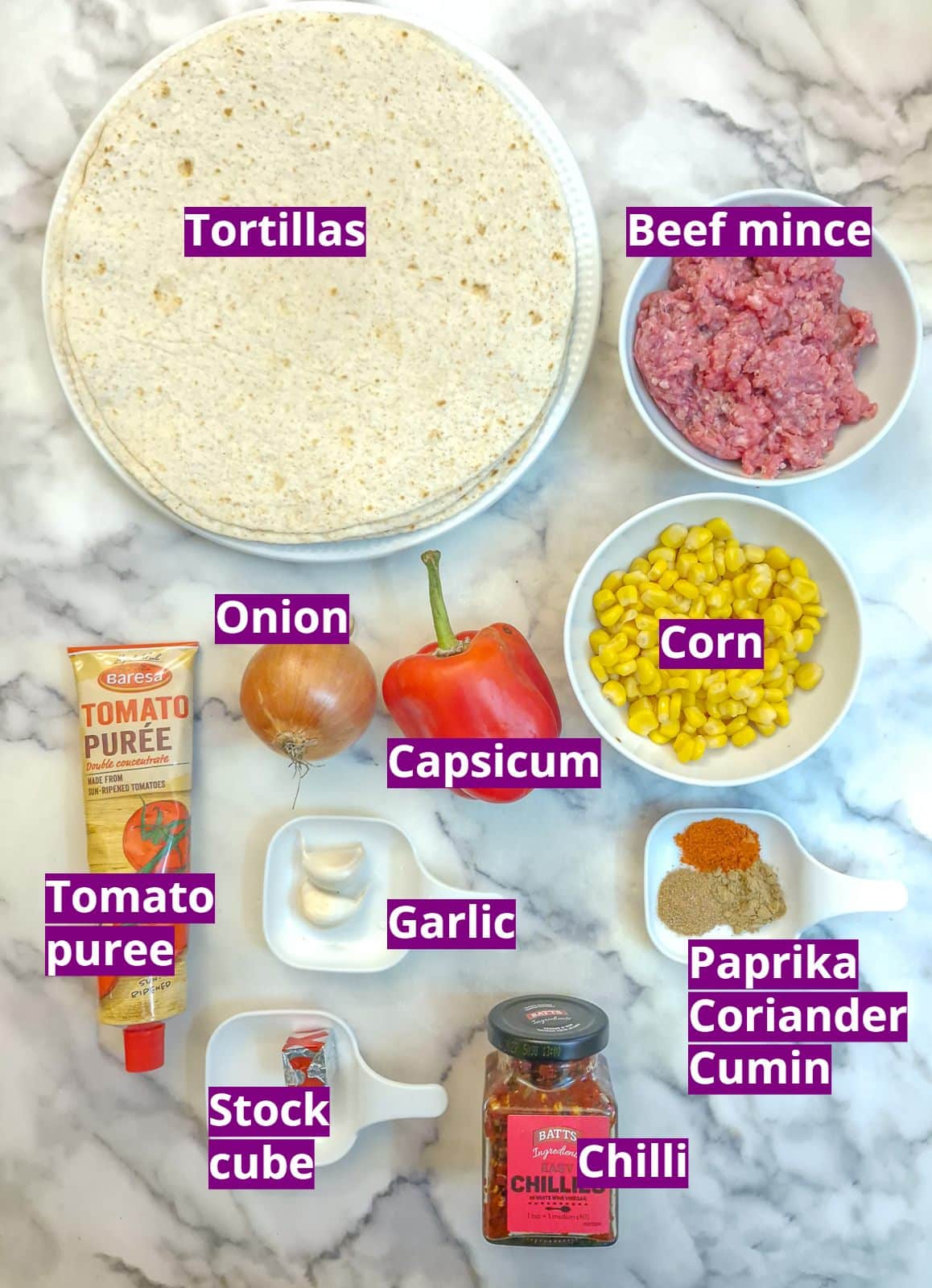 Ingredients for beef and corn quesadillas.