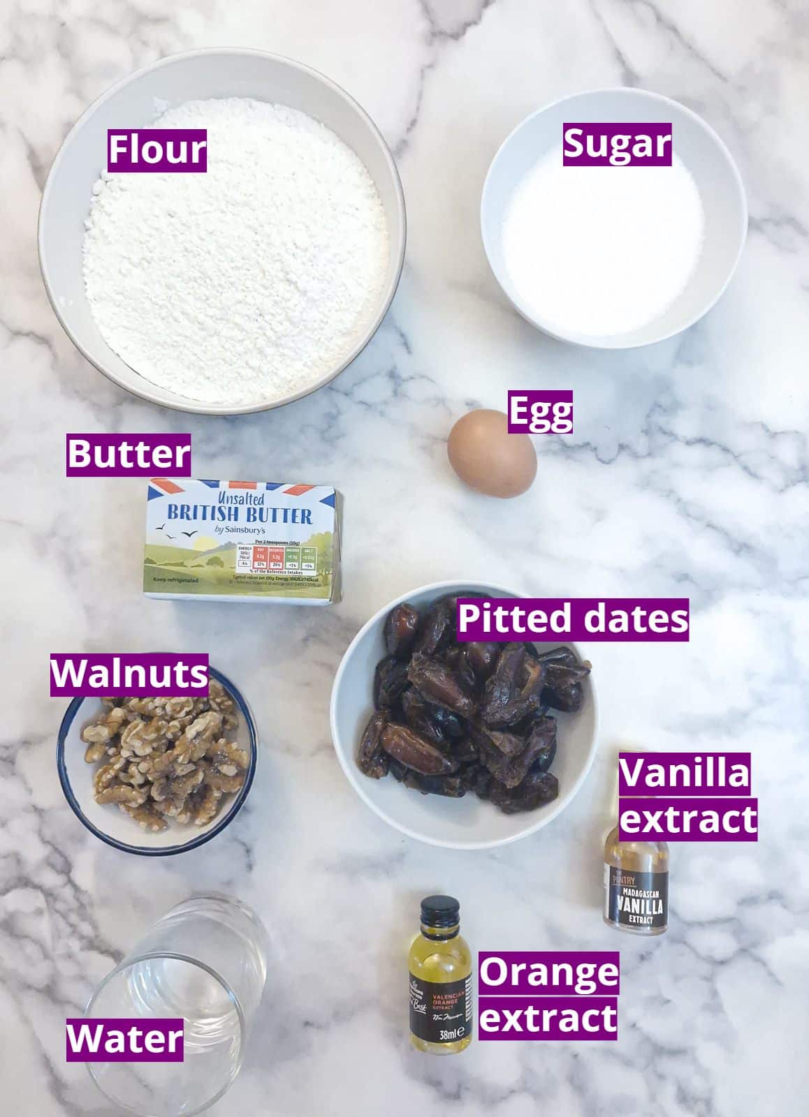 Ingredients you will need to make date and walnut crumble bars.