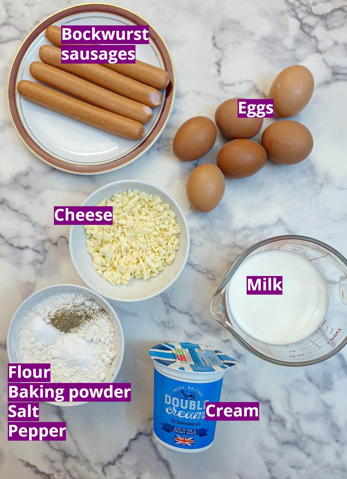 Ingredents you will need to make a crustless egg and sausage savoury tart.