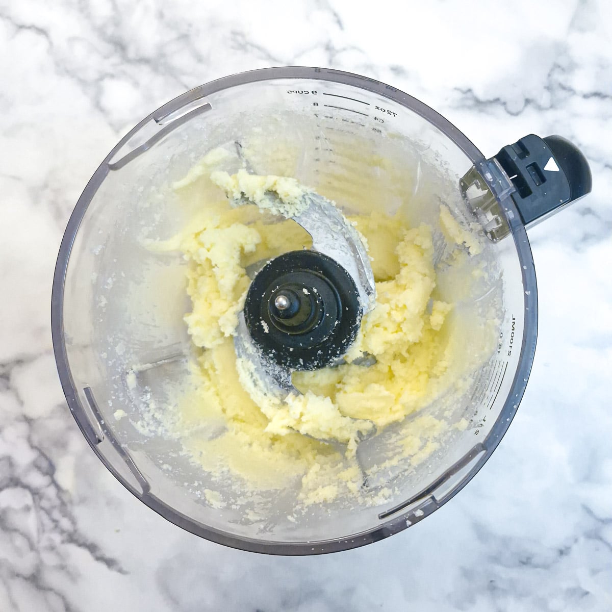 Icing sugar and butter creamed in a food processor bowl.