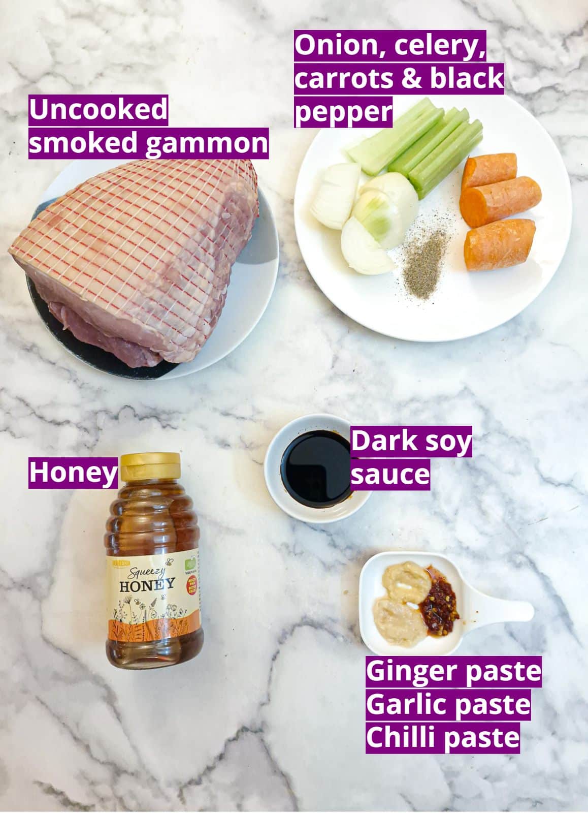 Ingredients you will need to make honey-glazed gammon.