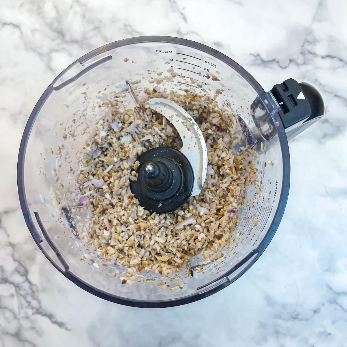 Mushrooms, onions, walnuts and garlic, finely chopped in the bowl of a food processor.