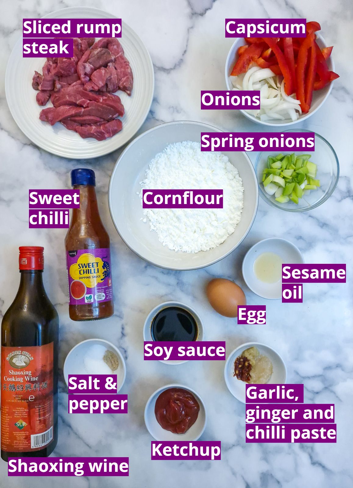 Ingredients for sweet chilli beef stir fry.