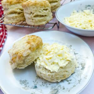 Two halves of a cheese scone - the bottom half topped with grated cheese and the top half propped up alongside.