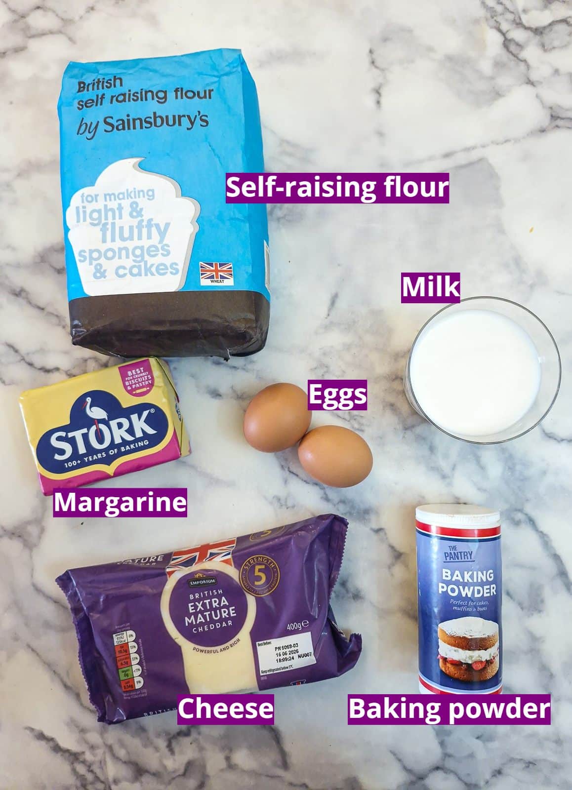 Ingredients you will need to make these fluffy high-rise cheese scones.