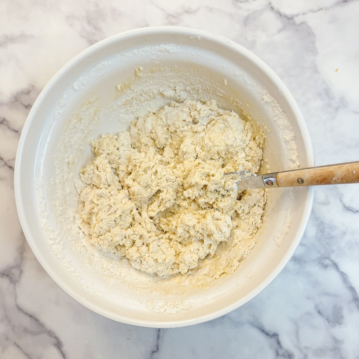 The cheese scones mixed to a shaggy dough.