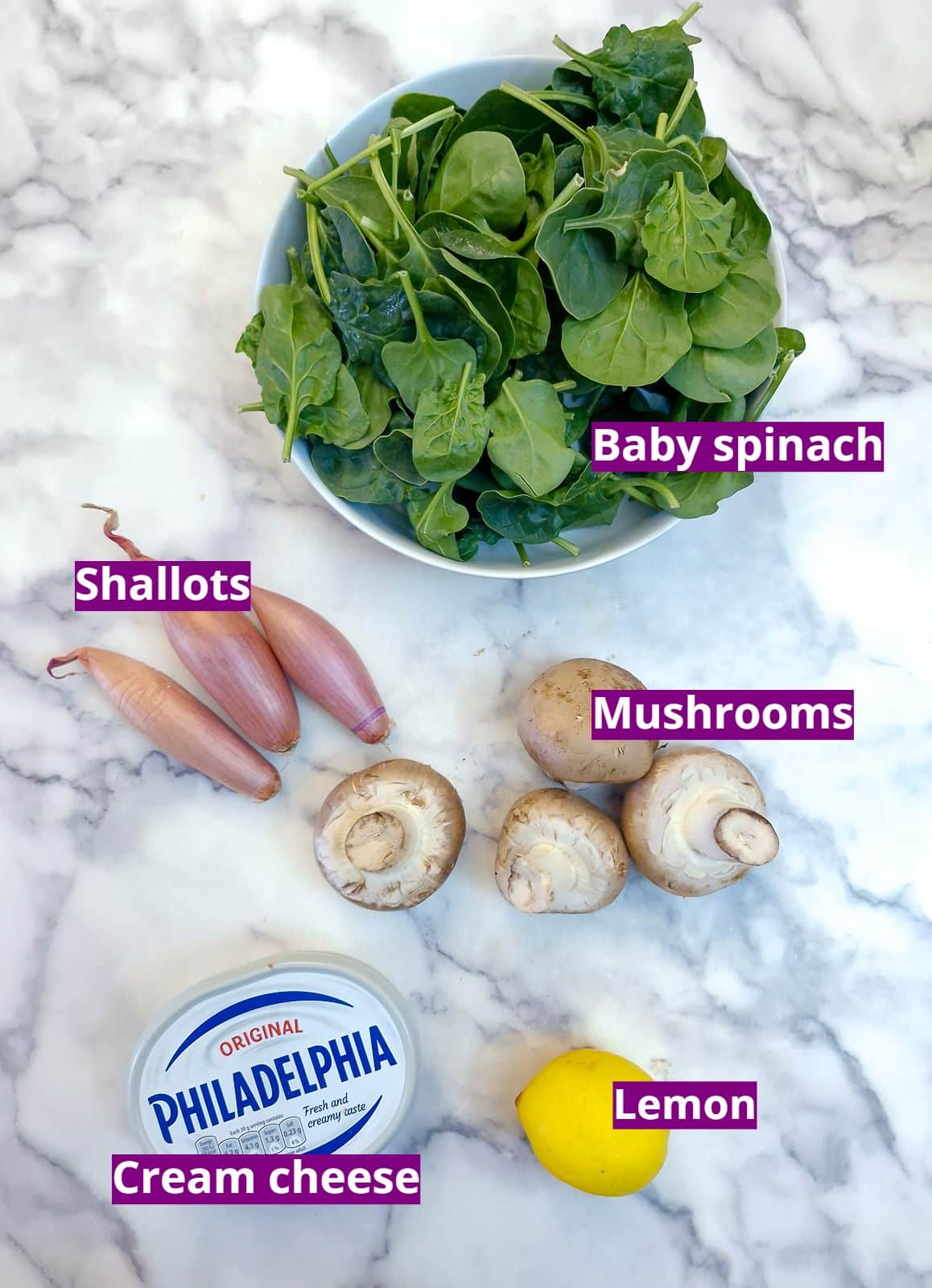 Ingredients you will need to make creamed spinach with mushrooms and shallots.