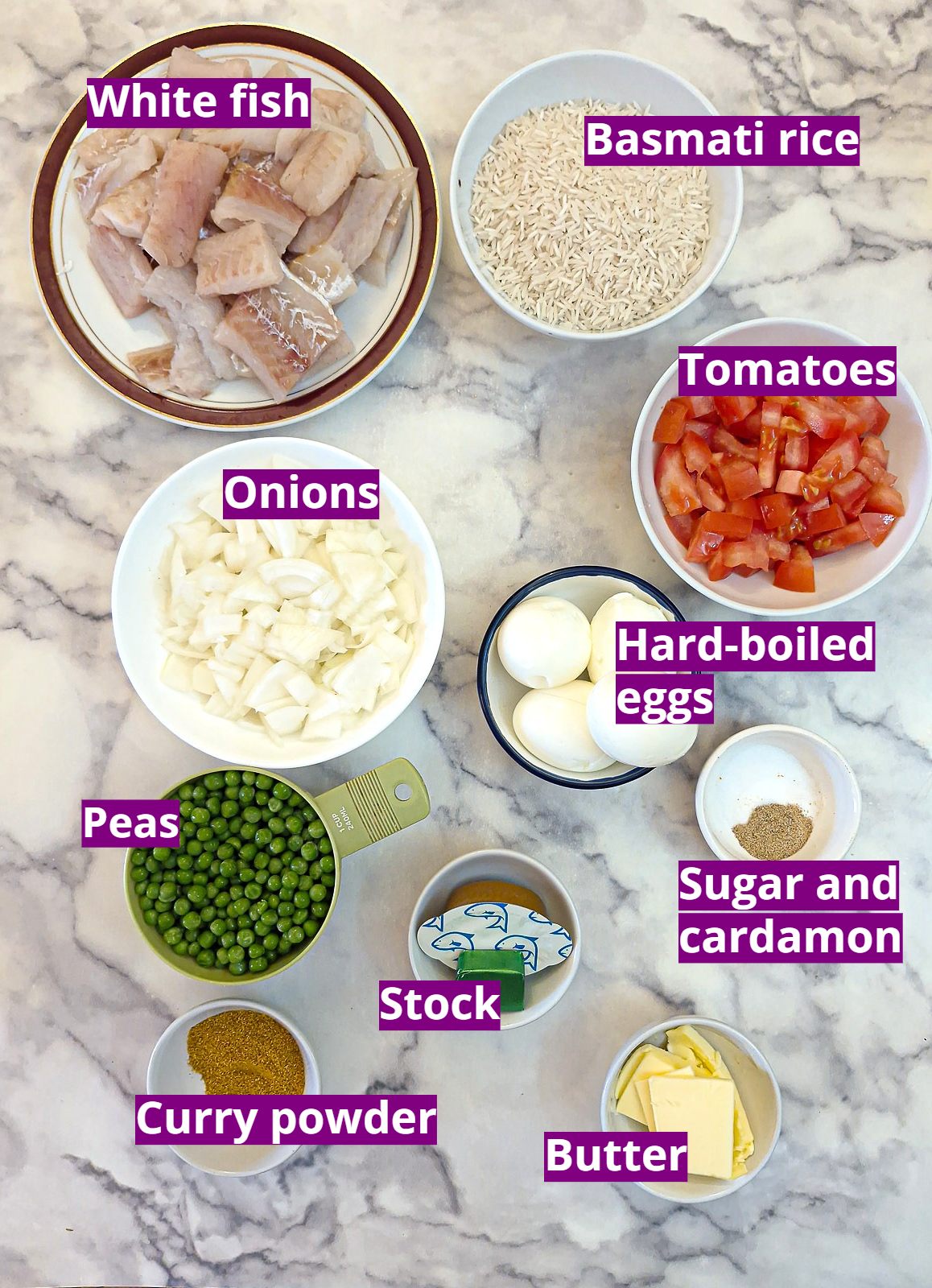 Ingredients you will need for making this one-pan curried fish and rice pilaf.