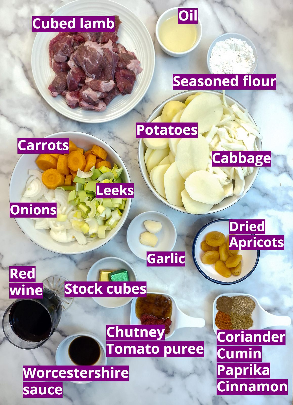 Ingredients you will need to make a lamb potjie.