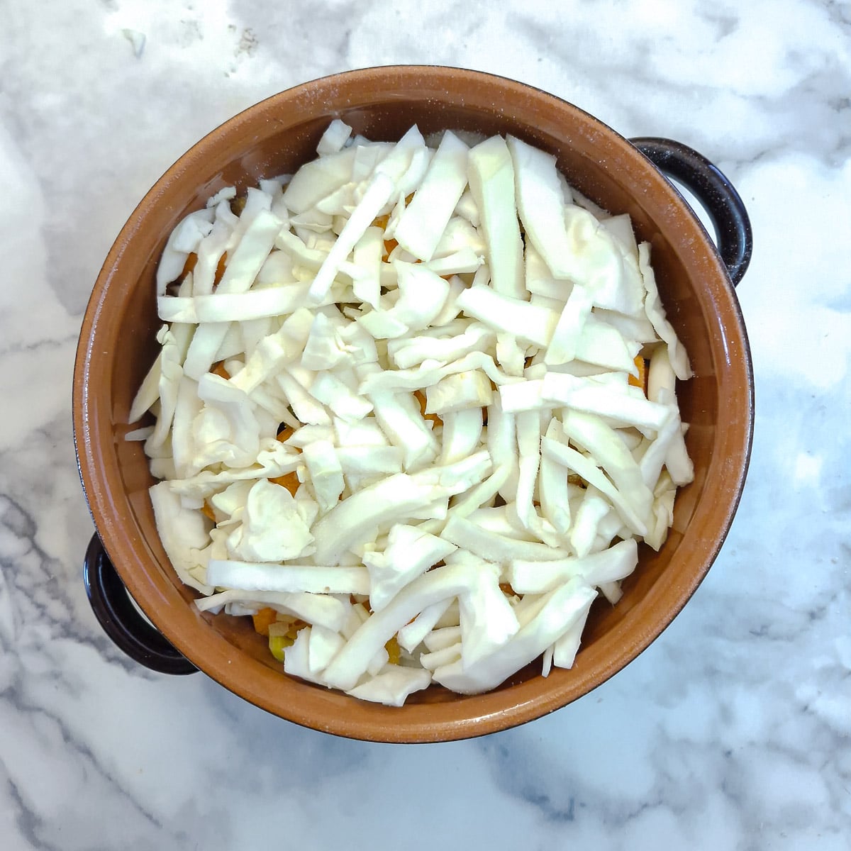 A layer of chopped cabbage on top of the carrots.