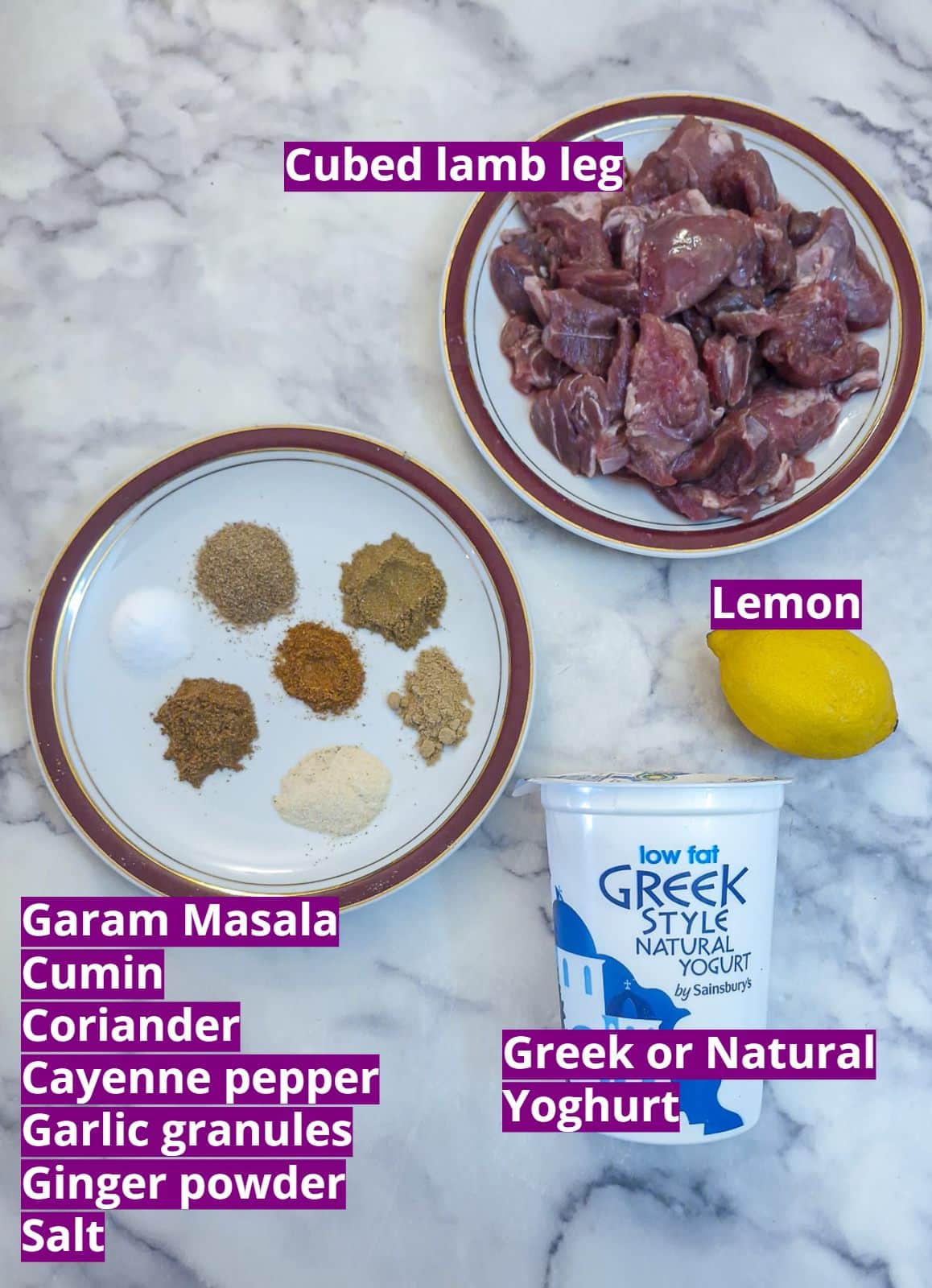 Ingredients for the tandoori lamb skewers and marinade.