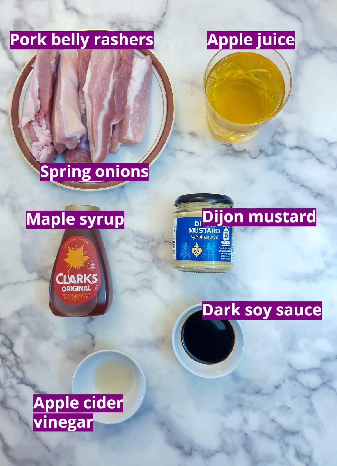 Ingredients you will need to make maple-glazed pork belly slices.