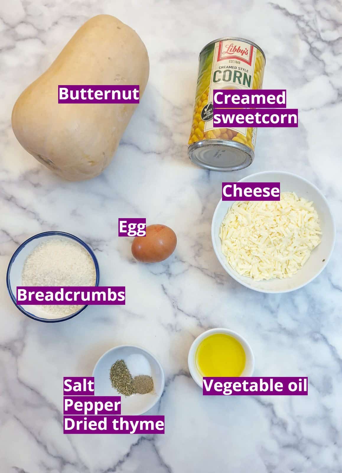 Ingredients you will need to make this cheesy corn and butternut bake.