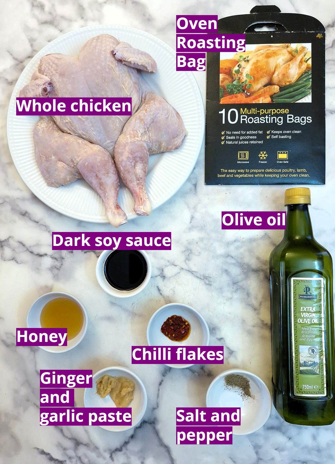 Ingredients for a honey and soy chicken in a bag.