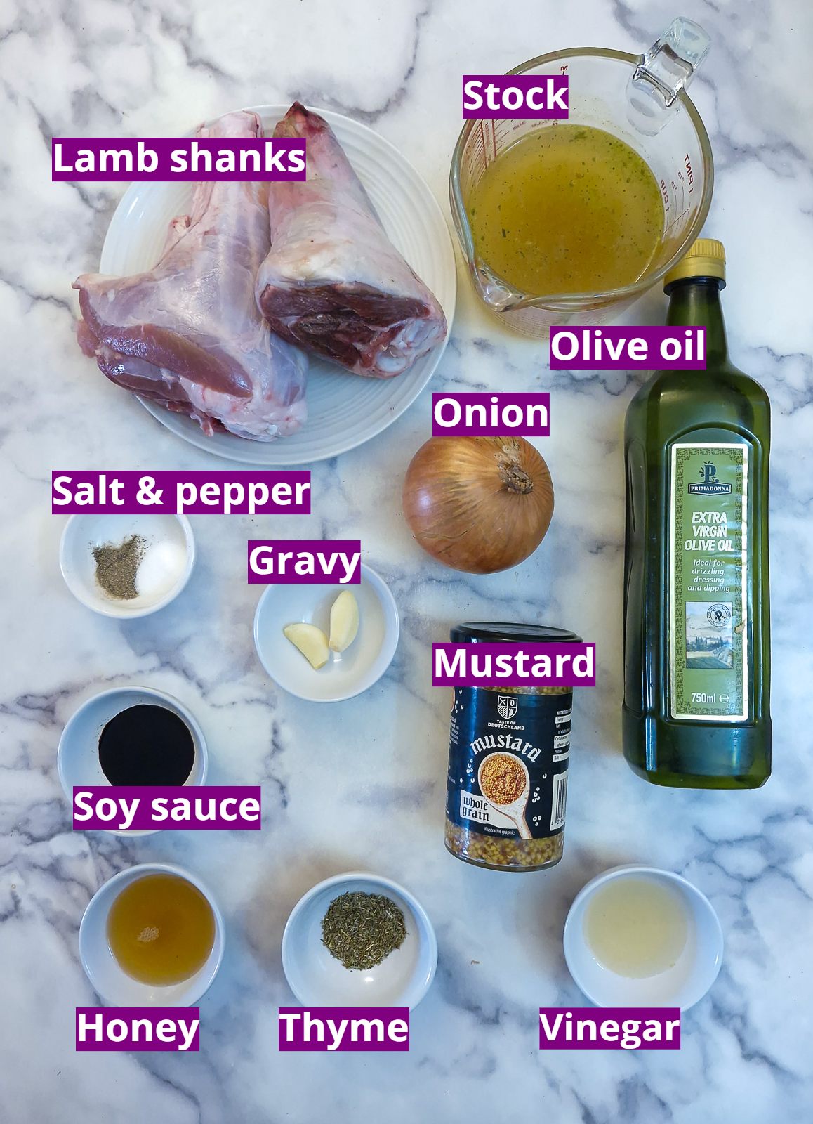 Ingredients you will need to make honey mustard lamb shanks.