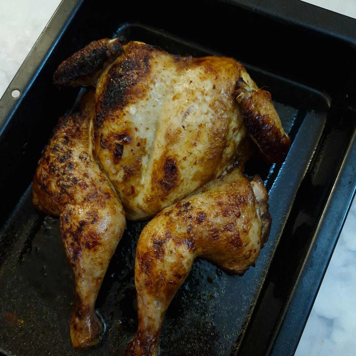 Step 5. A whole roast spatchcocked chicken after having been browned in the oven.