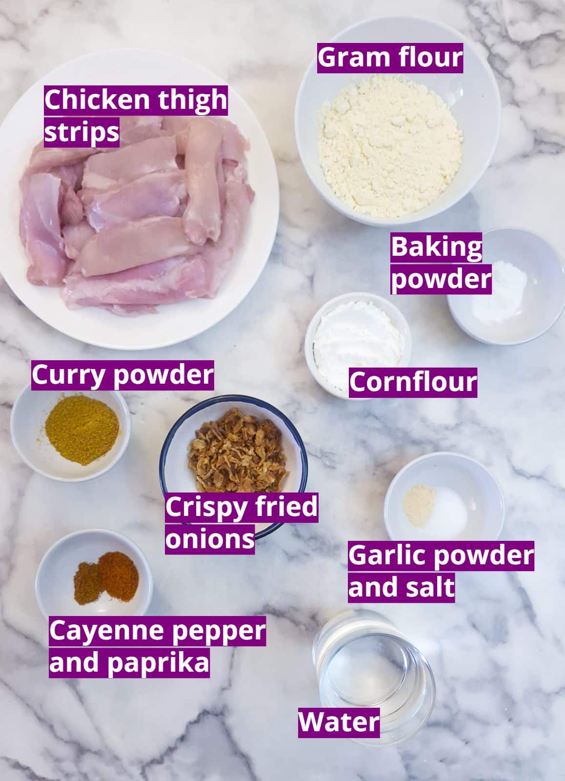 Ingredients needed to make crispy curried chicken bites.