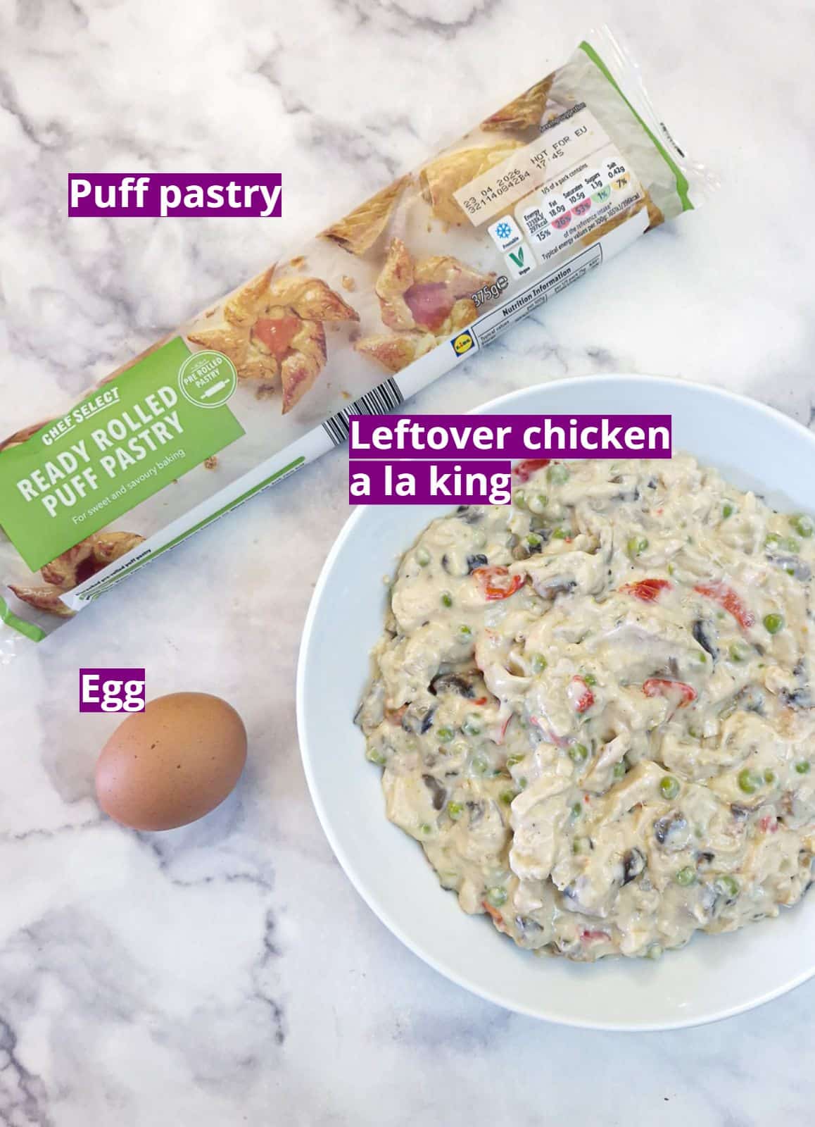 Ingredients needed to make leftover chicken a la king pies.