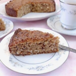 A slice of lemon coconut walnut biscuit cale on a small plate, showing the light crumbly texture. You can clearly see the coconut and pieces of walnuts studded throughout the slice,