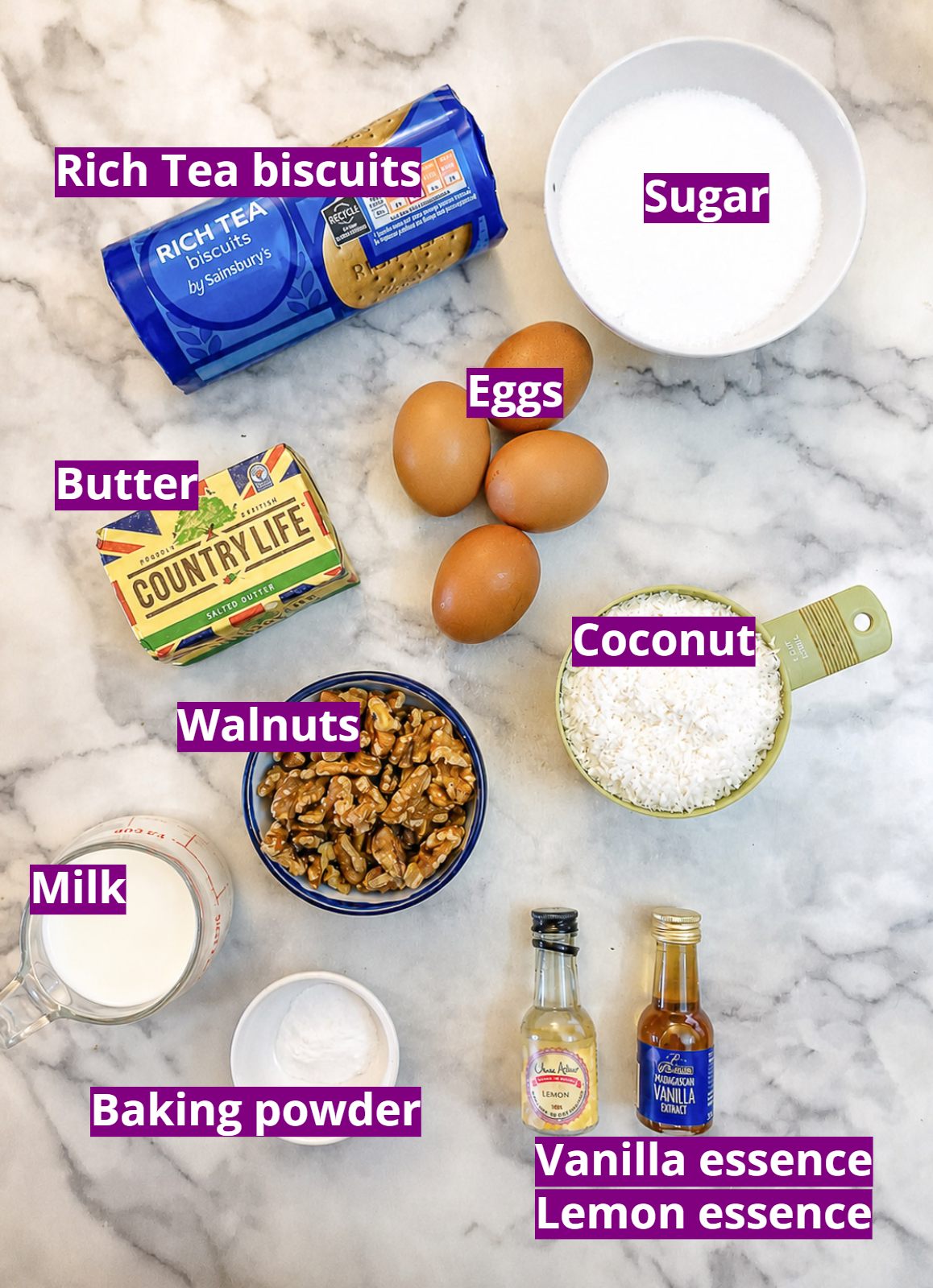 Ingredients to make a lemon and walnut coconut cake, using crushed biscuits instead of flour.