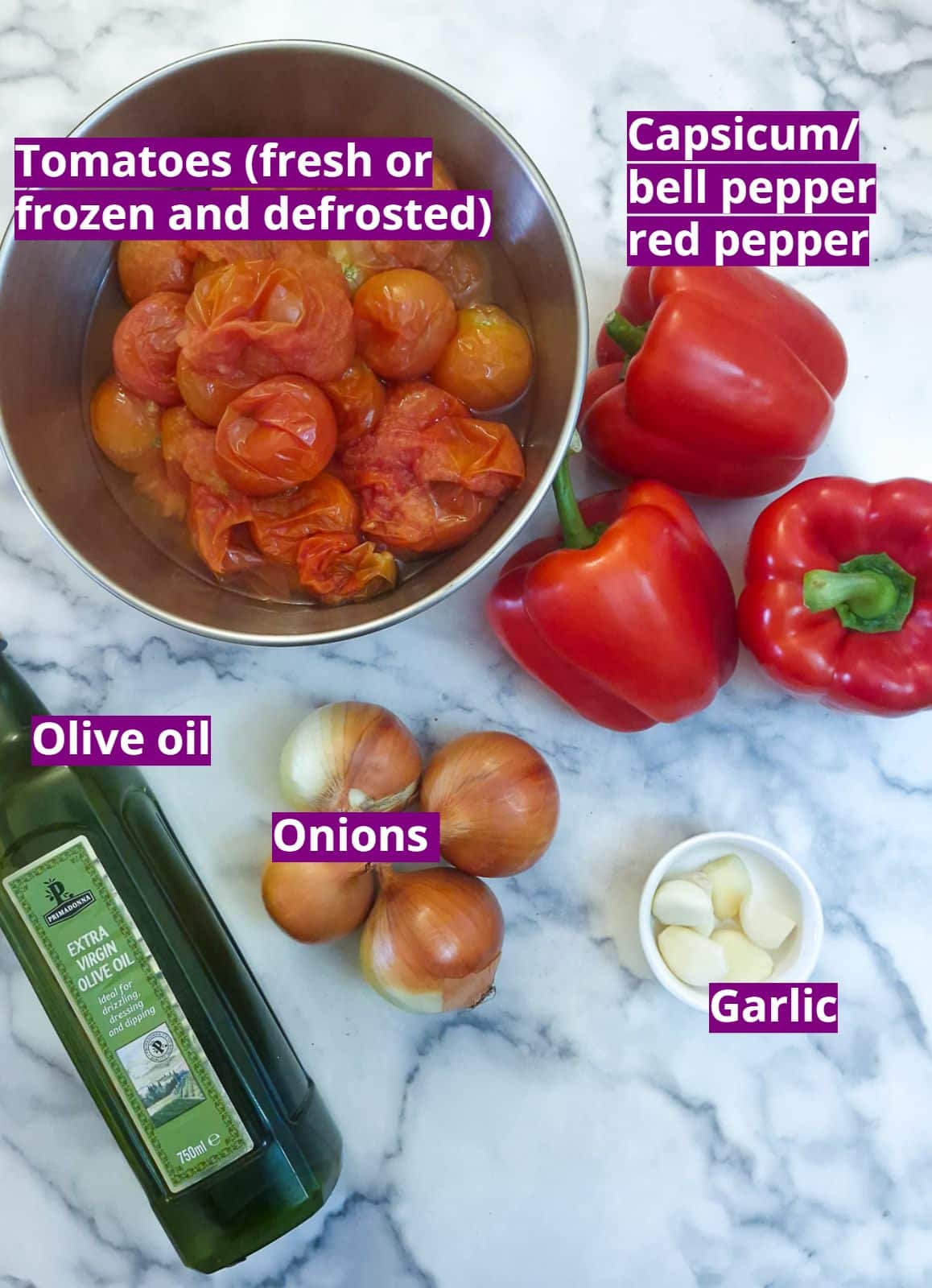 Ingredients you will need to make roasted red pepper tomato cooking sauce.