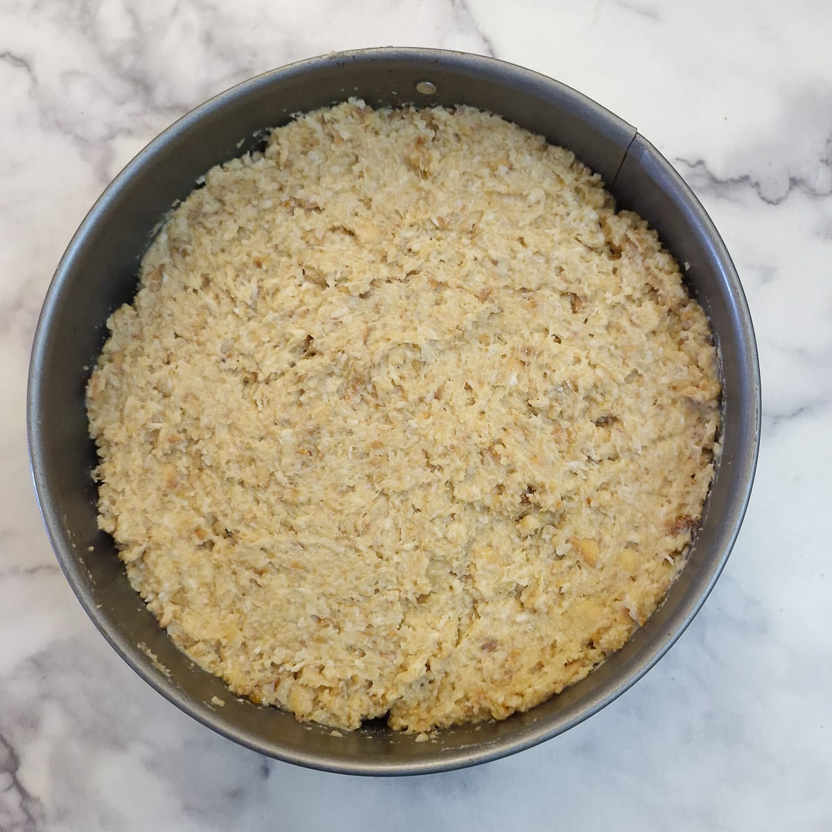 Cake batter smoothed into the springform pan.