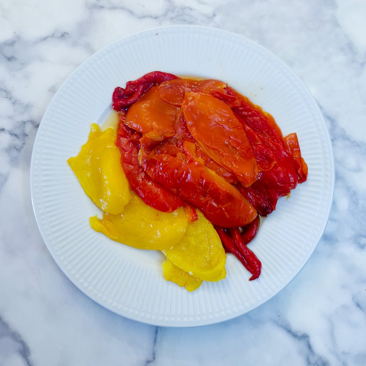 Strips of roasted peppers with the skins and seeds removed.