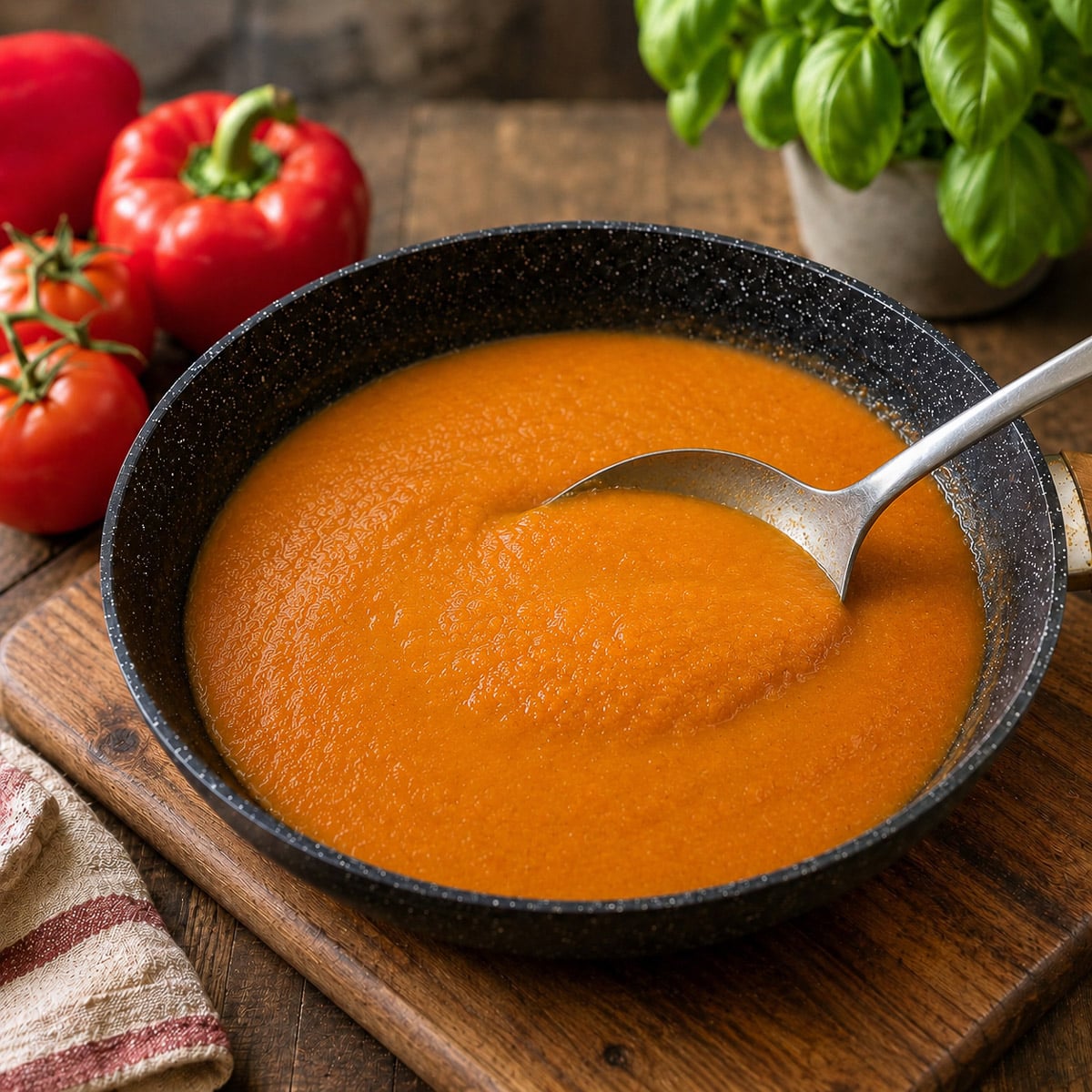 Roasted red pepper and tomato cooking sauce in a wok with a large spoon. There are a few fresh tomatoes and red peppers in the background.