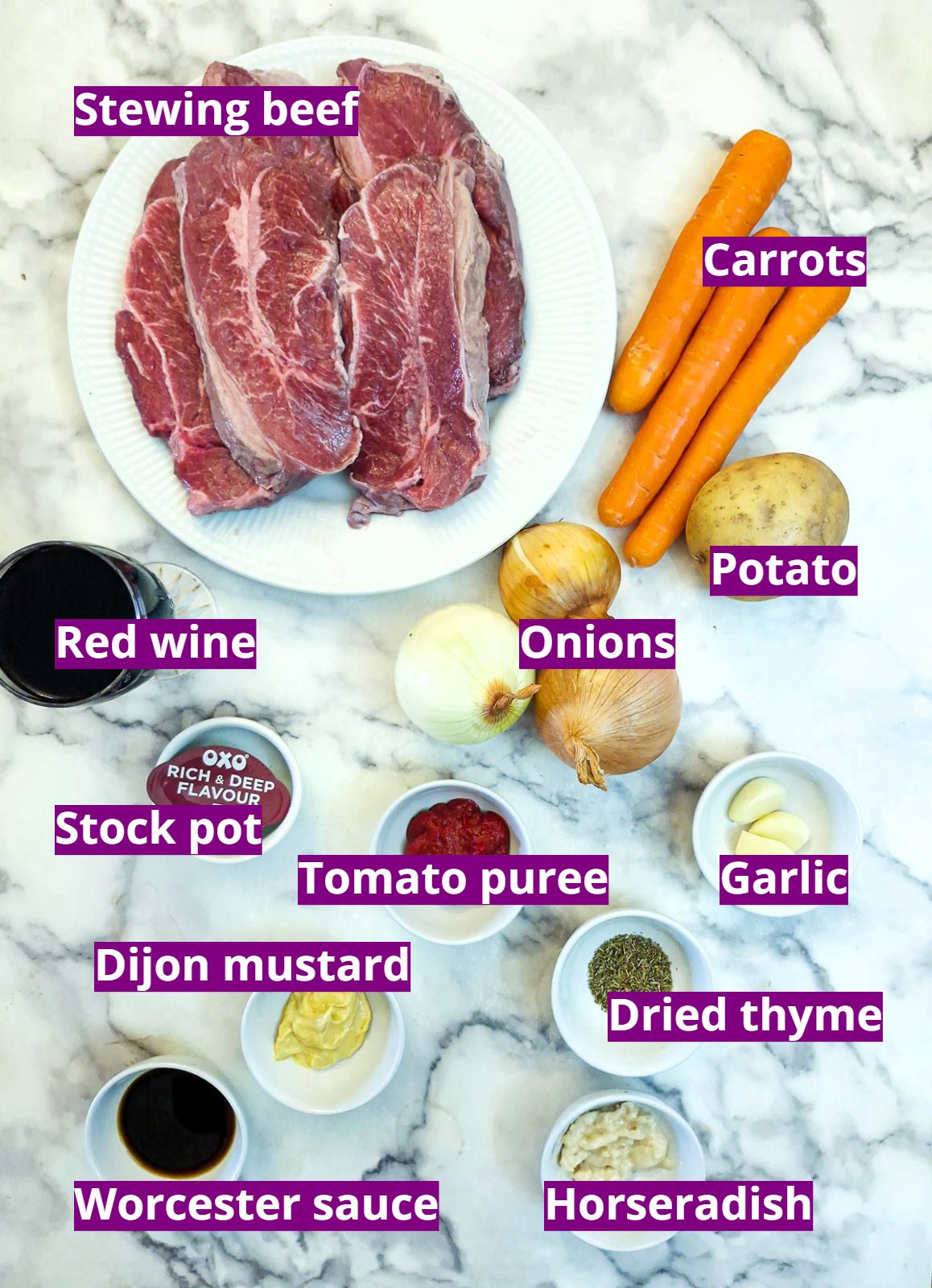 Ingredients you will need to make slow braised featherblade steak.